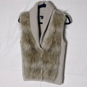 Ann Taylor Faux Fur Cream Knit Merino Wool Modal Cashmere Blend Knit Vest XS